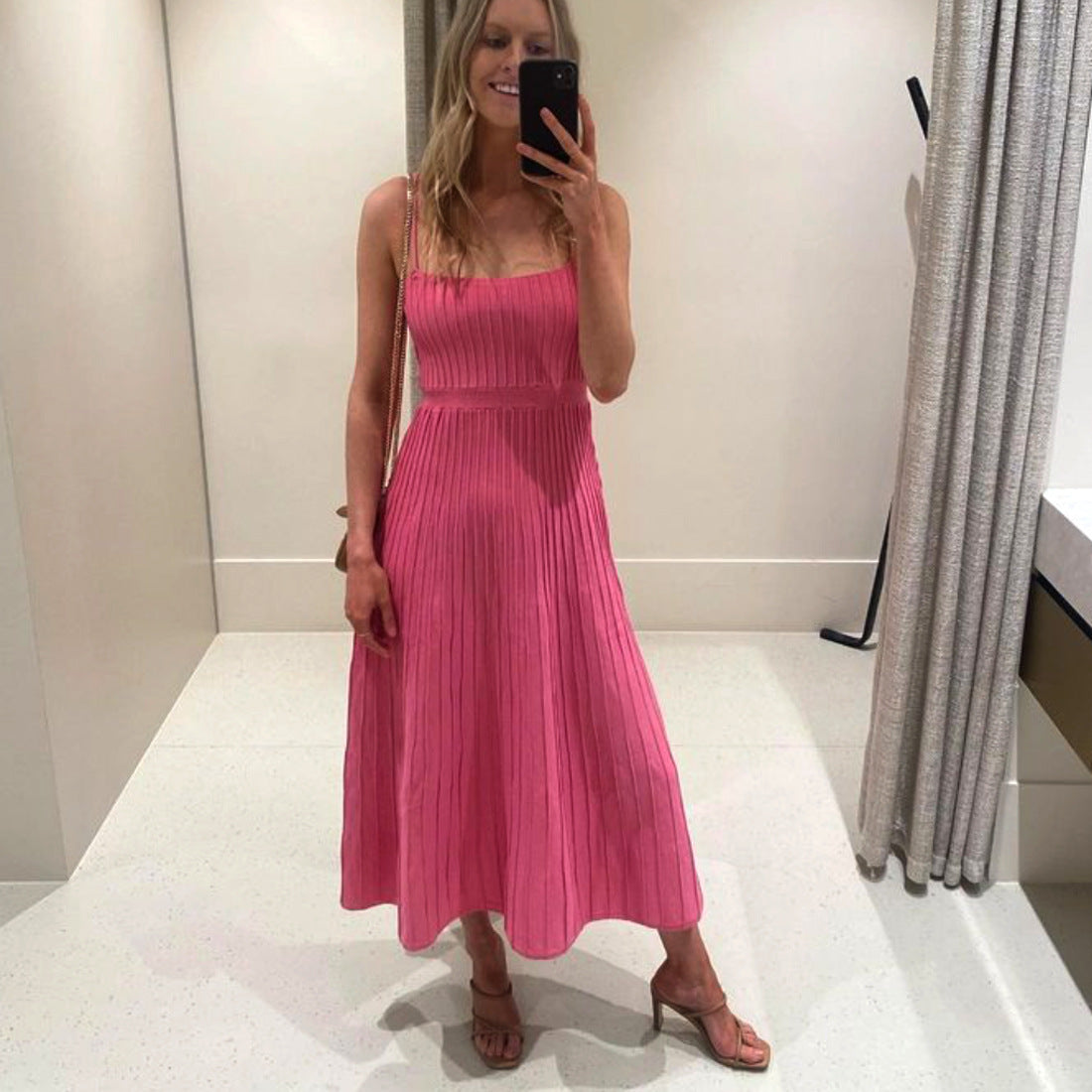 Pure Color Tube-top High Waist Sling Pleated Dress