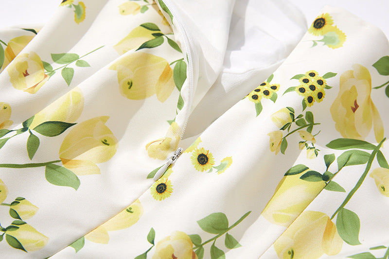 Pastoral Floral High-grade Fishbone Tube Top Cinched Waist Short Skirt Square Collar Puff Sleeve High Waist Print Sweet Dress