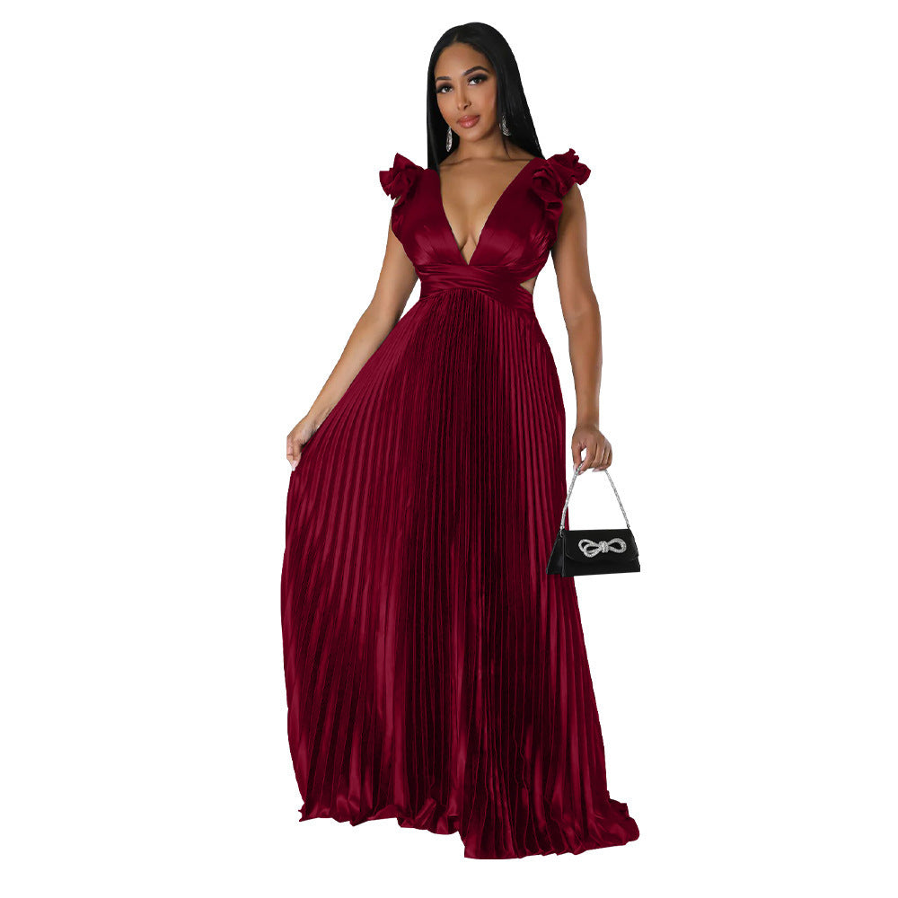 Faux Silk Back Deep V Pleated Dress