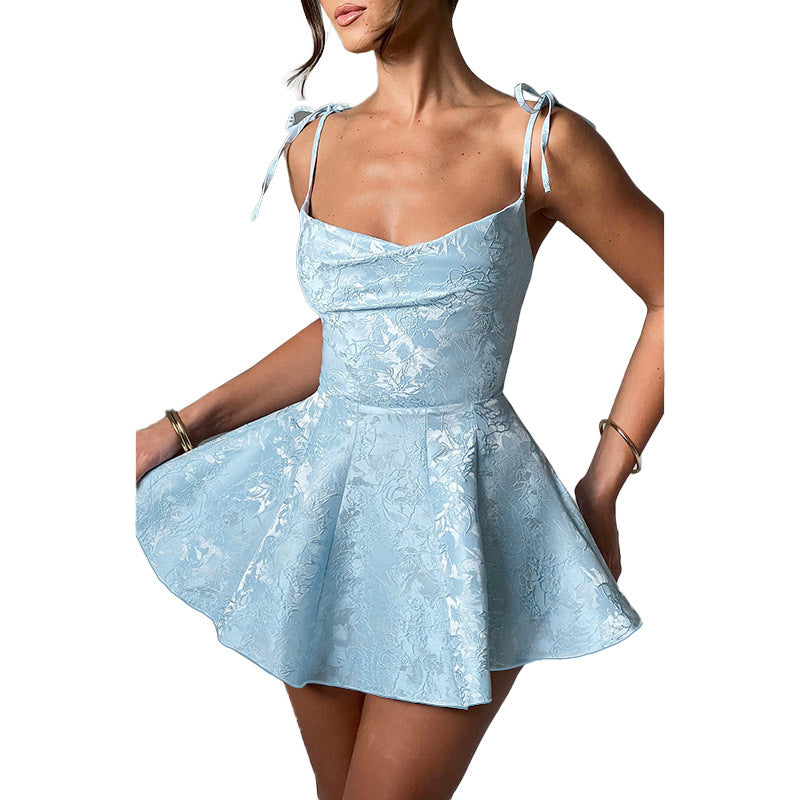 European And American Style Jacquard Texture Spaghetti Straps Slimming A- Line Dress