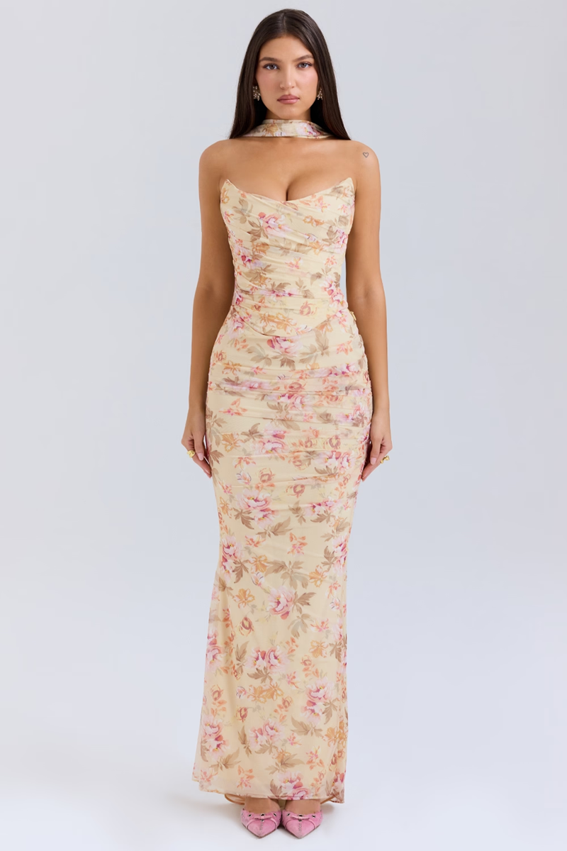 Floral Strapless Top and Maxi Skirt Set