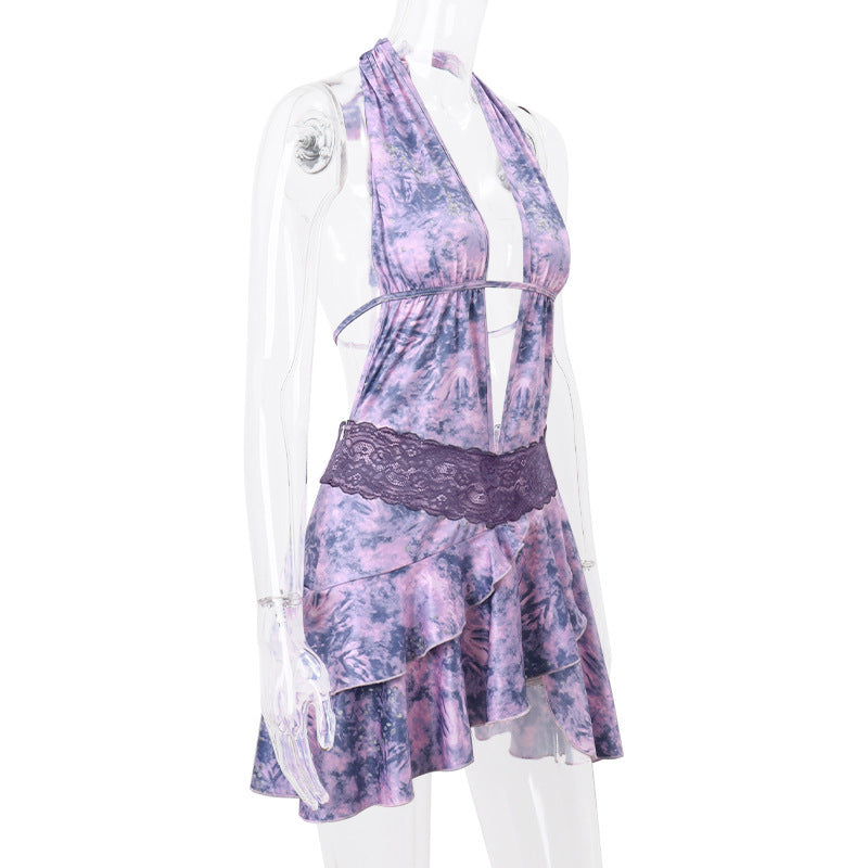 European And American Sexy Hot Girl Halter Deep V-neck Hollow-out Lace Temperament Dress