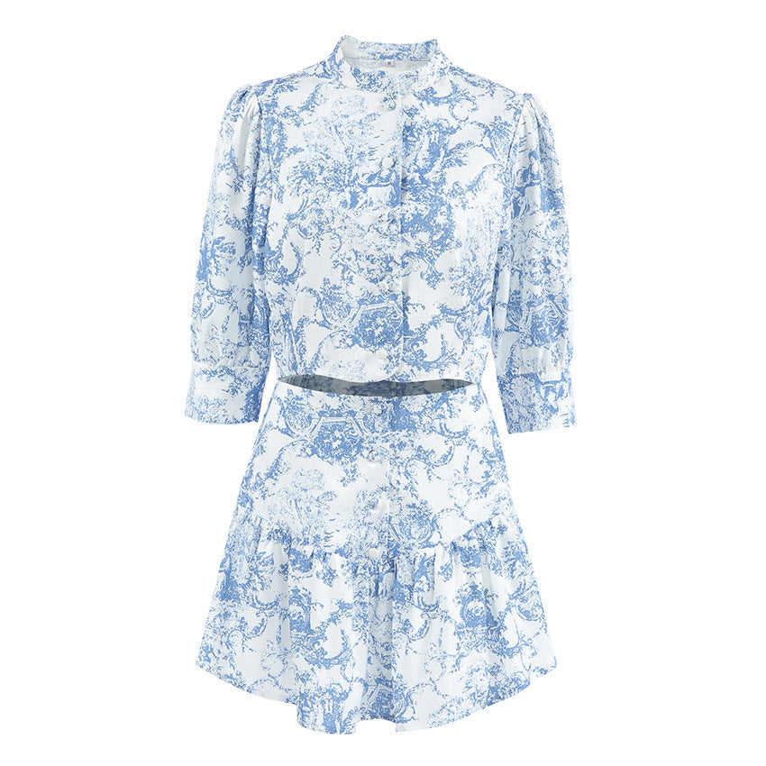Fashion Small Stand Collar Printing Slim Fit Skirt Suit