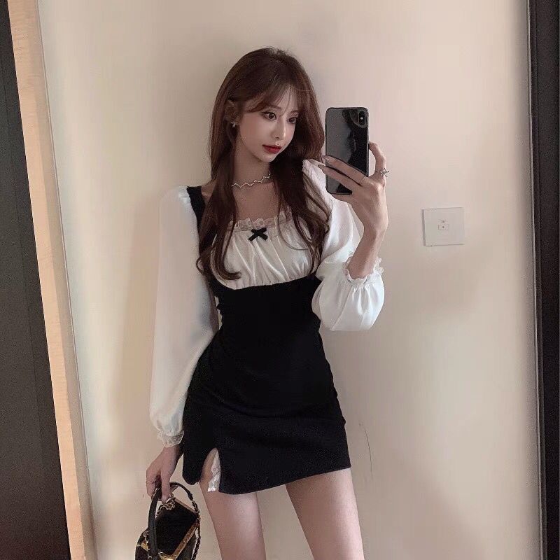 Slim Wrinkled Lace Maid Suit Skirt Women's Dress Women