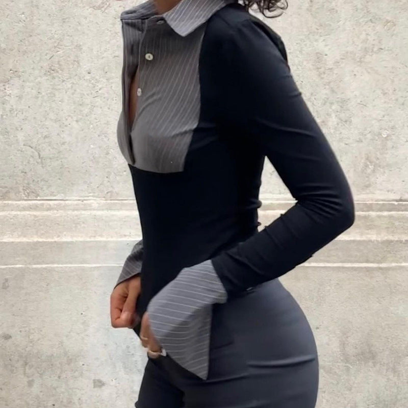Women's Temperament Color Matching Striped Polo Collar Long-sleeved Top