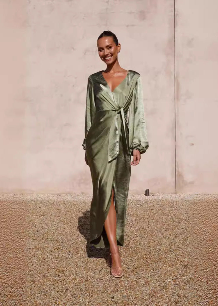Waist-controlled Lace-up Satin Lantern Sleeve Dress