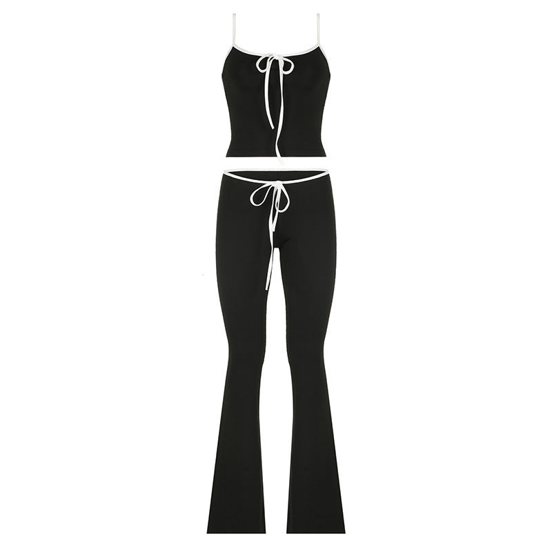 Contrast Color Lace-up Bow Suspenders Trousers Suit Two-piece Set