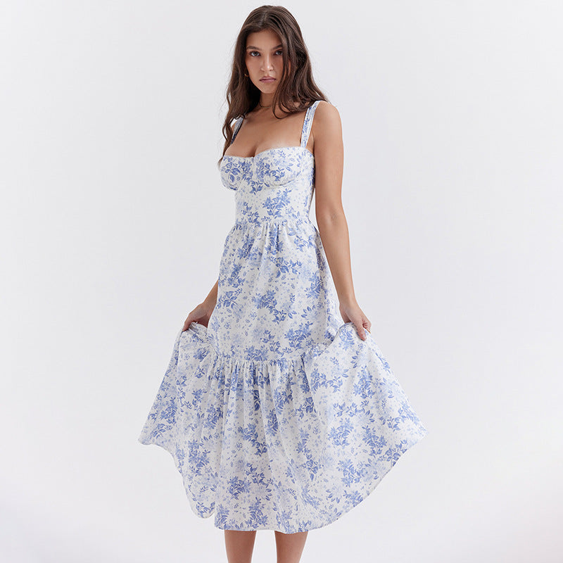 Spring And Summer Comely Pastoral Style Sling Floral A Swing Cake Dress