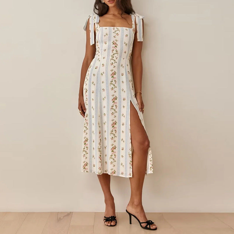 Floral Print Slim Fit Side Split Tied Dress