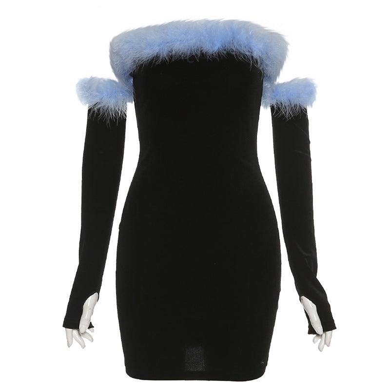 Women's Solid Color Slim High-waisted Fashionable One-line Collar Dress With Breast Wrap