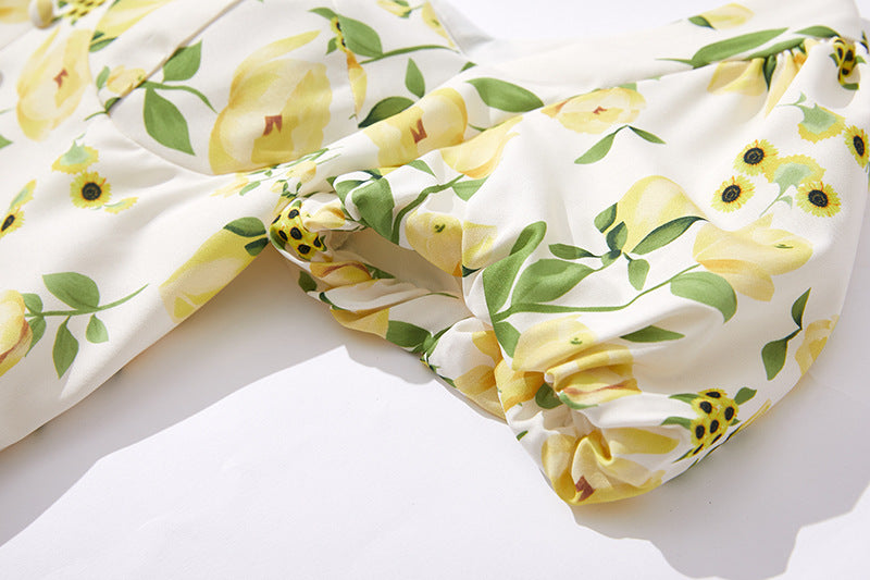 Pastoral Floral High-grade Fishbone Tube Top Cinched Waist Short Skirt Square Collar Puff Sleeve High Waist Print Sweet Dress