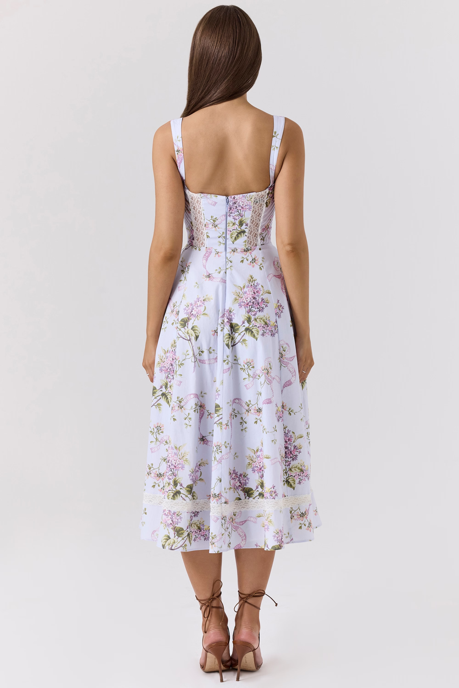 Purple Lace Patchwork Pockets Midi Dress