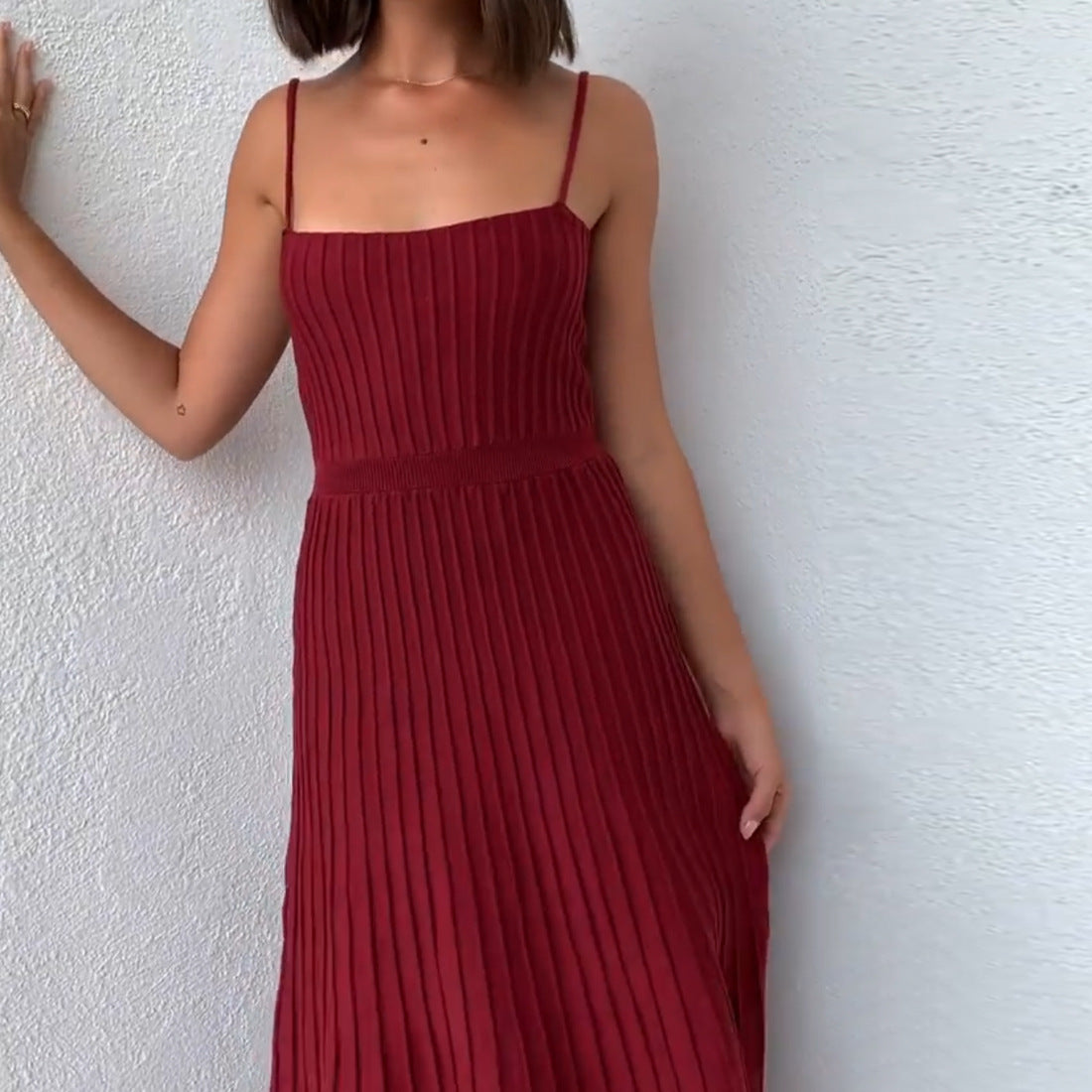 Pure Color Tube-top High Waist Sling Pleated Dress
