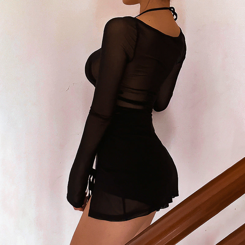See-through Sexy Mesh Long Sleeve Slit Short Dress