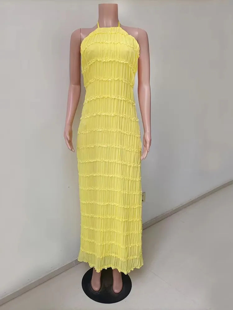 Backless See Through Halter Maxi Dress Sleeveless High Waist Dress Loose