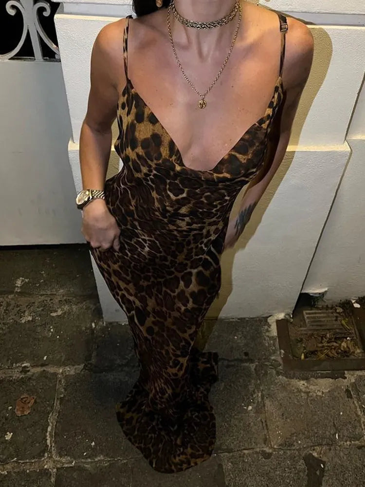 Leopard V Neck Backless Maxi Dress