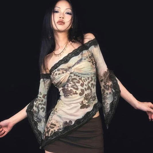 Asymmetrical Lace Flared Sleeves Top