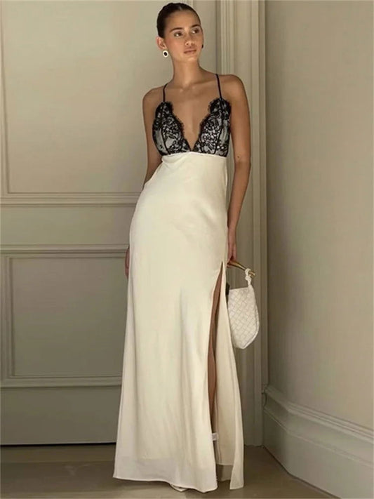 Beige Lace Backless Split Long Dress