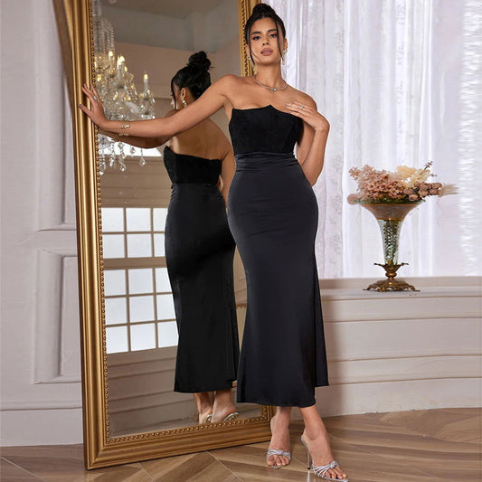 Black Corset Velvet Satin Midi Dress