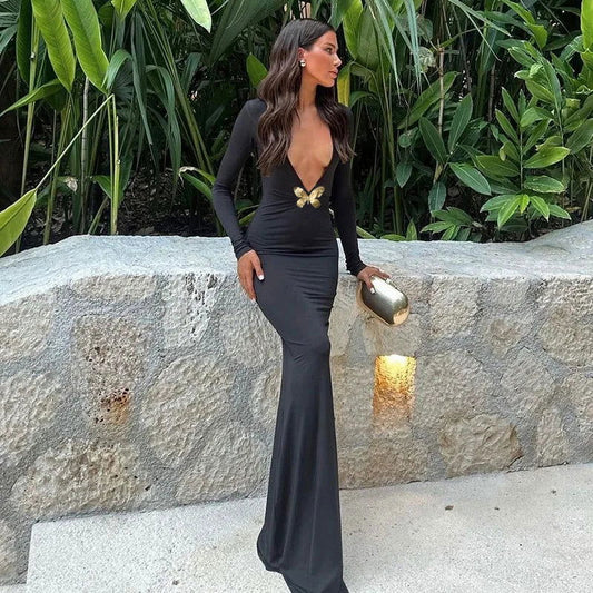 Black Deep V-Neck Maxi Dress