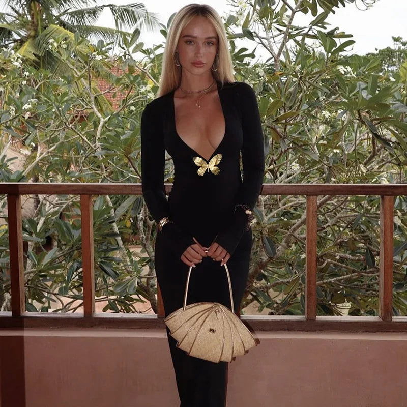 Black Deep V-Neck Maxi Dress