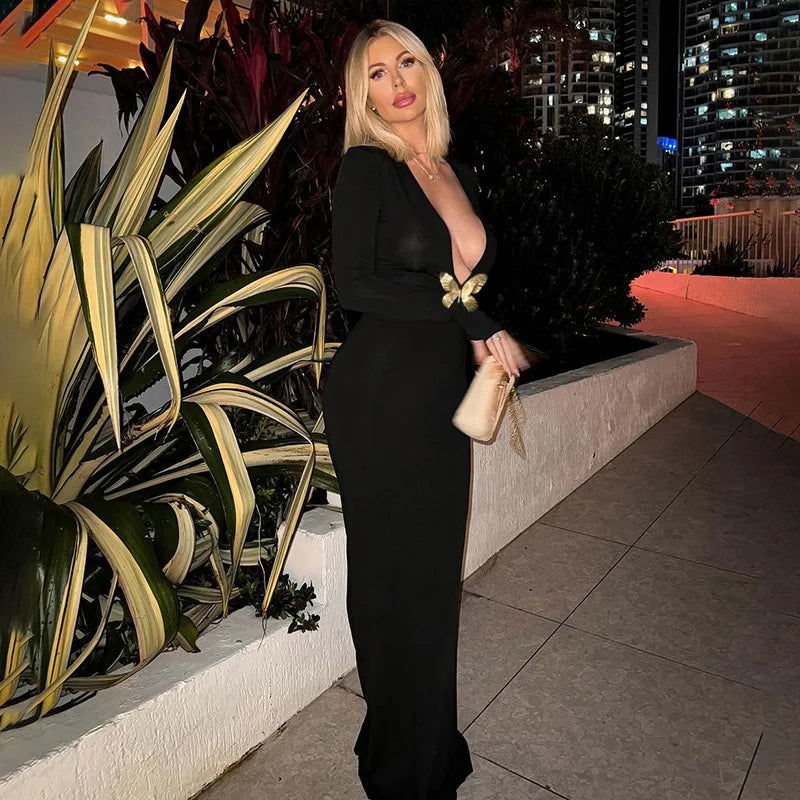 Black Deep V-Neck Maxi Dress