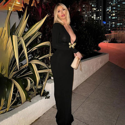 Black Deep V-Neck Maxi Dress