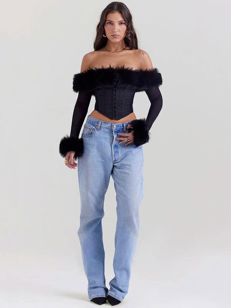 Black Feather Backless Top