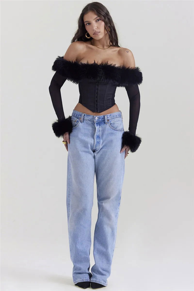 Black Feather Backless Top