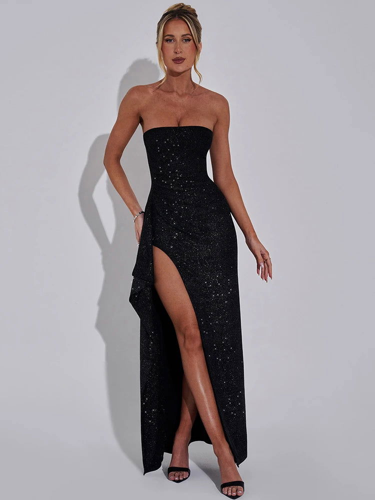 Black Glitter Bright Silk Sparkling Maxi Dress