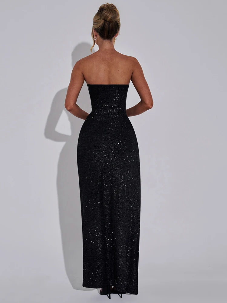 Black Glitter Bright Silk Sparkling Maxi Dress