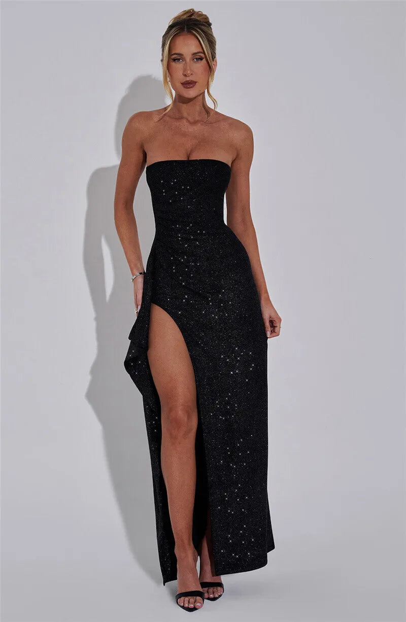 Black Glitter Bright Silk Sparkling Maxi Dress