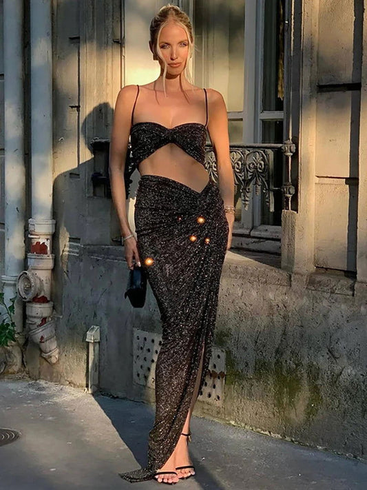 Black Glitter Sequins Sparkling Two Piece Set