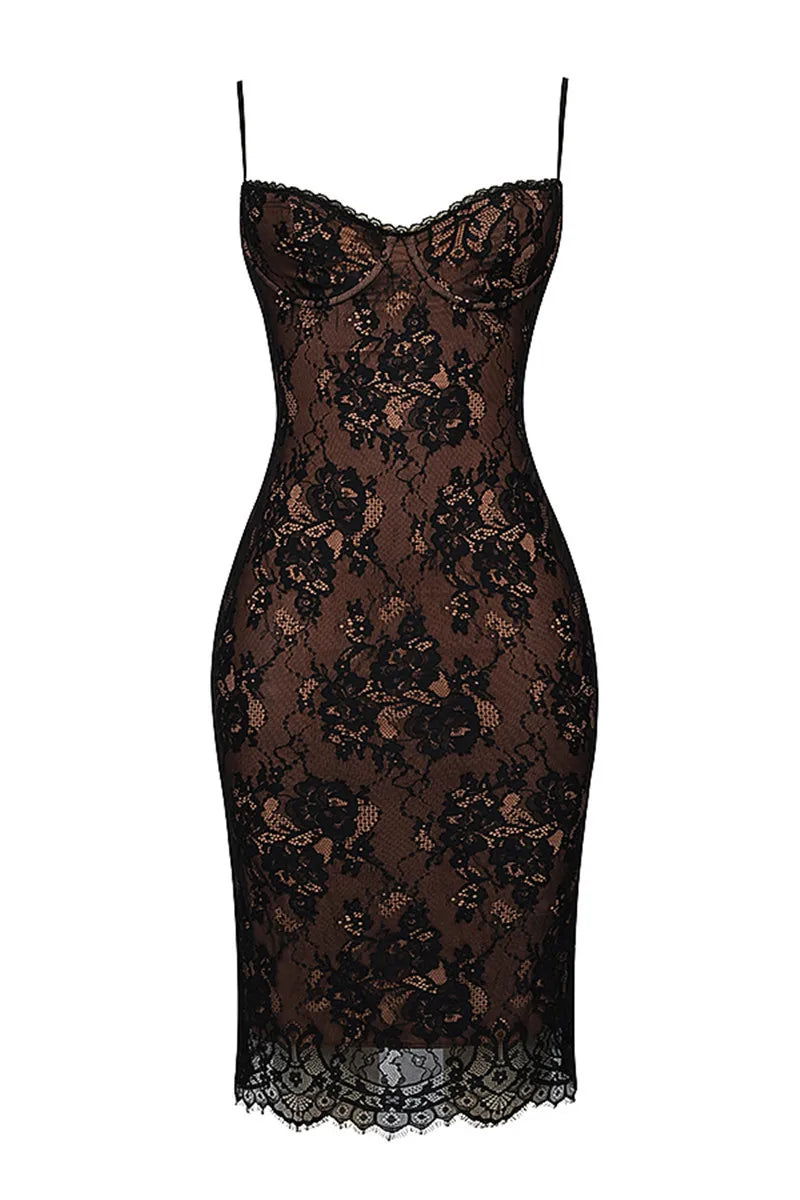 Black Lace Backless Midi Dress