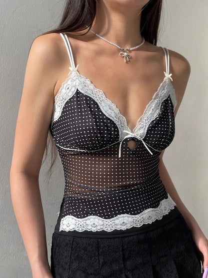 Black Lace Sheer Top with Polka Dots