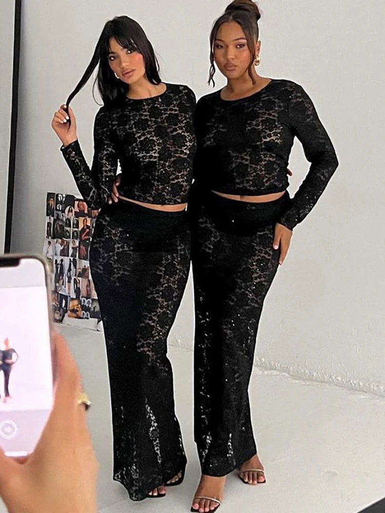 Black Lace Top and Maxi Skirt Set