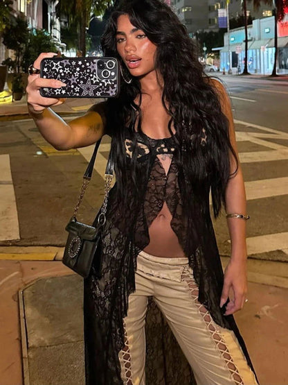 Black Leopard Mesh Ruffles Top