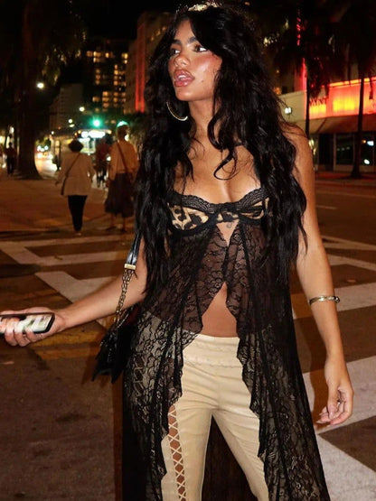 Black Leopard Mesh Ruffles Top