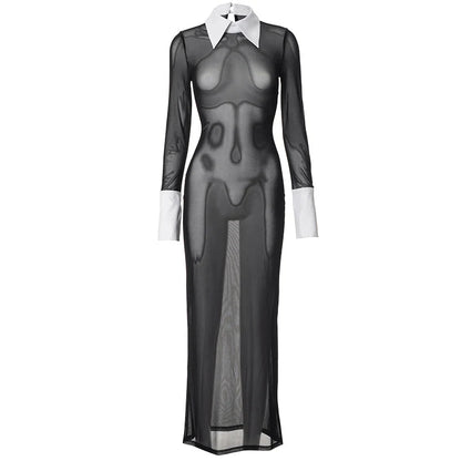 Black Long Sleeve Sheer Midi Dress