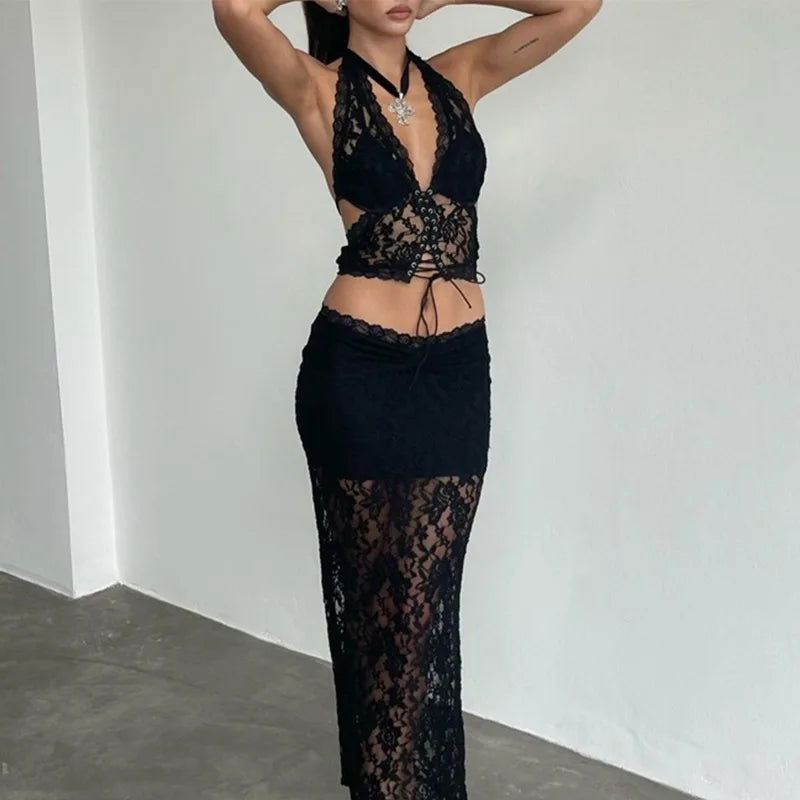 Black Sheer Lace Top and Maxi Skirt Set