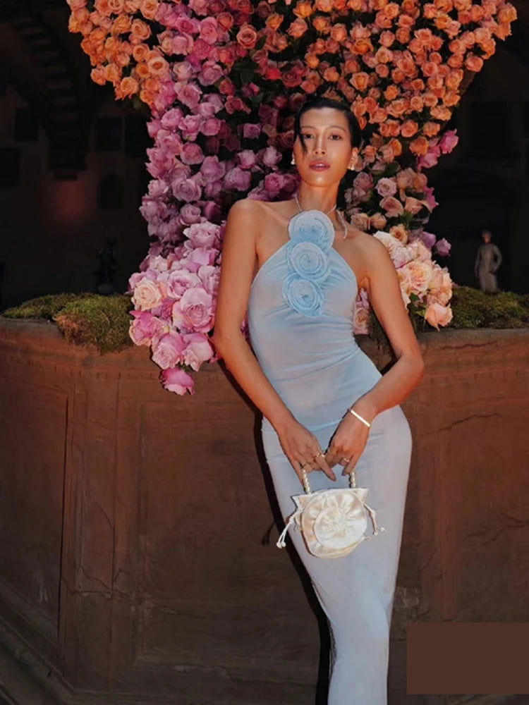 Blue 3D Flower Bodycon Maxi Dress