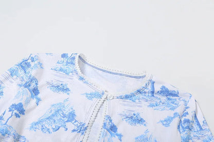 Blue Hollow Out Button Top Mini Skirt Set