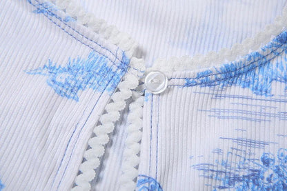 Blue Hollow Out Button Top Mini Skirt Set