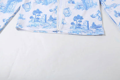 Blue Hollow Out Button Top Mini Skirt Set