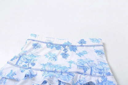Blue Hollow Out Button Top Mini Skirt Set