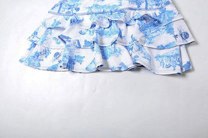 Blue Hollow Out Button Top Mini Skirt Set