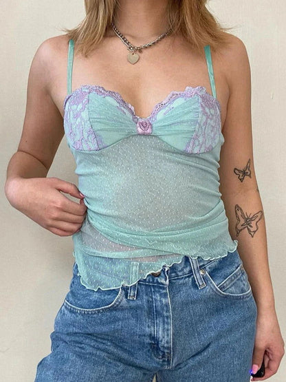 Blue Lace Mesh See-Through Top