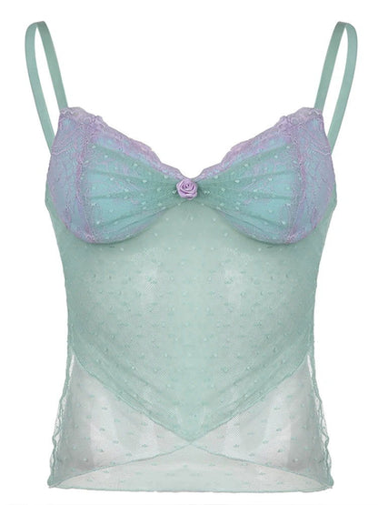 Blue Lace Mesh See-Through Top