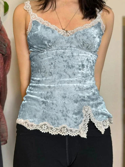 Blue Lace Velvet Camisole Top