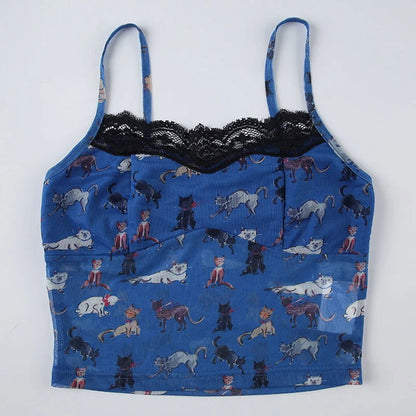 Blue Mesh Lace Animal Print Crop Top